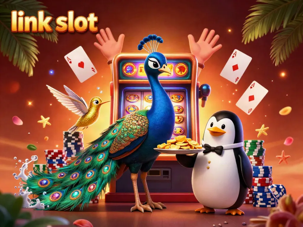 Experience thrilling play with link slot as colorful characters celebrate jackpot wins in a vibrant casino.