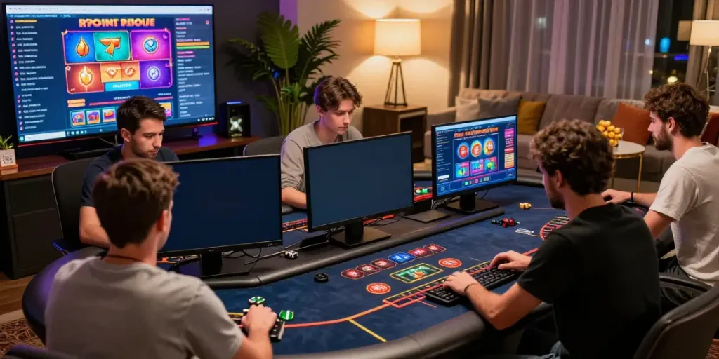 Engaged players at online credit card casinos, enjoying interactive gaming experience at home.
