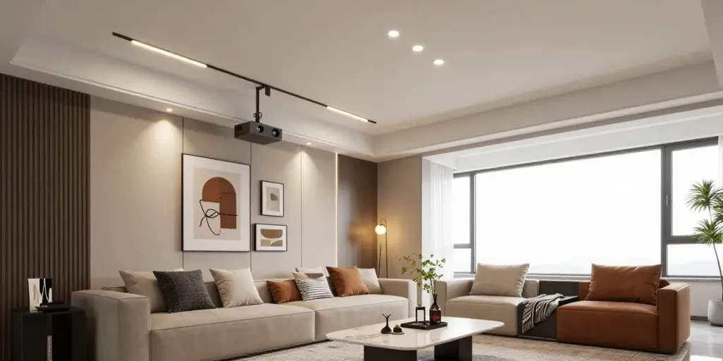 Spoturi LED pe sina magnetică în living elegant, iluminat modern