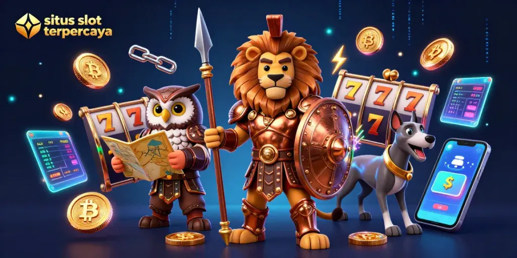 Play exciting games at situs slot terpercaya with a victorious Spartan lion and strategic owl guiding bettors.