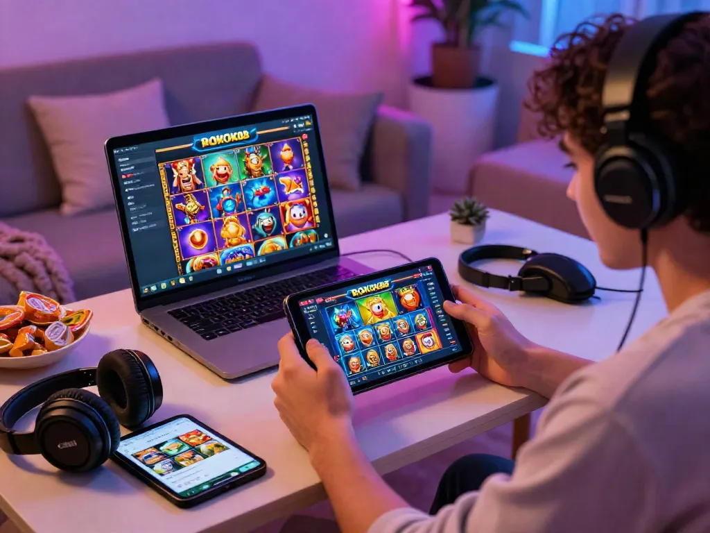 Engaging gaming scene with ROKOK88 mobile app interface, vibrant slot game elements.
