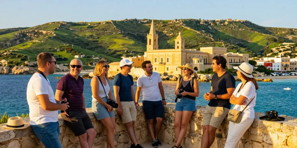 Tourists on Gozo tours enjoying ancient architecture and scenic views.