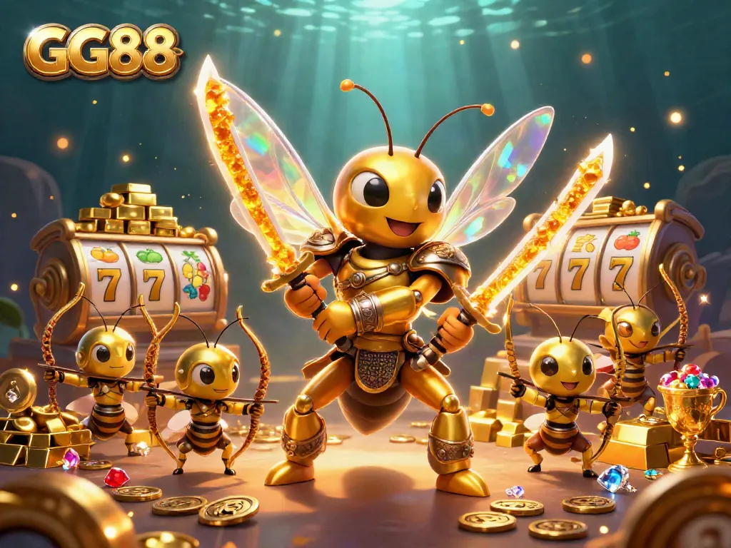 Engage in thrilling gameplay with GG88; featuring a vibrant casino scene of a golden samurai hornet and bee archers.