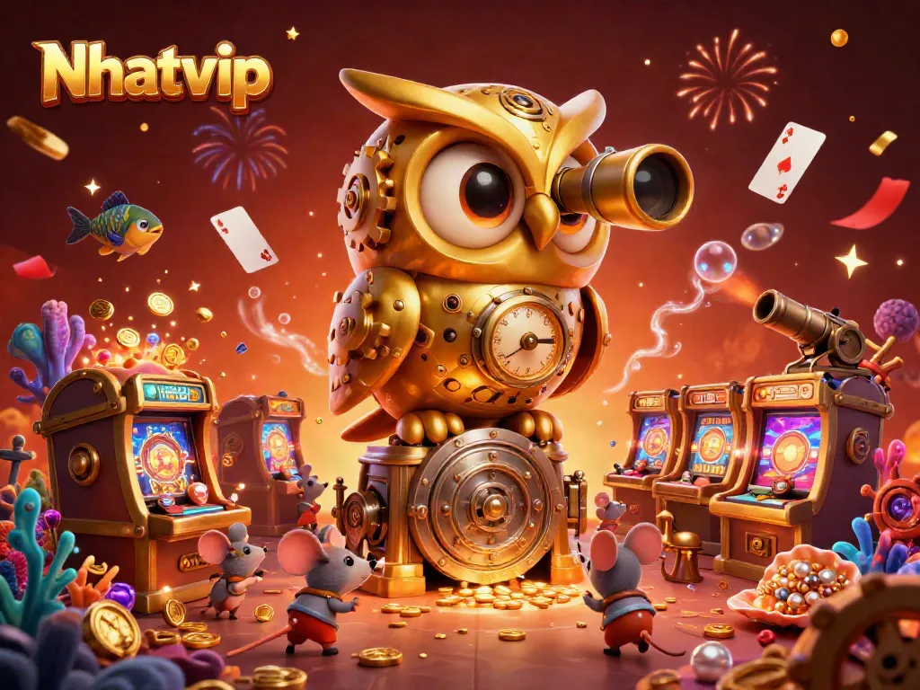 Nhatvip showcases an ultra-detailed gaming scene with a golden owl and vibrant casino elements.
