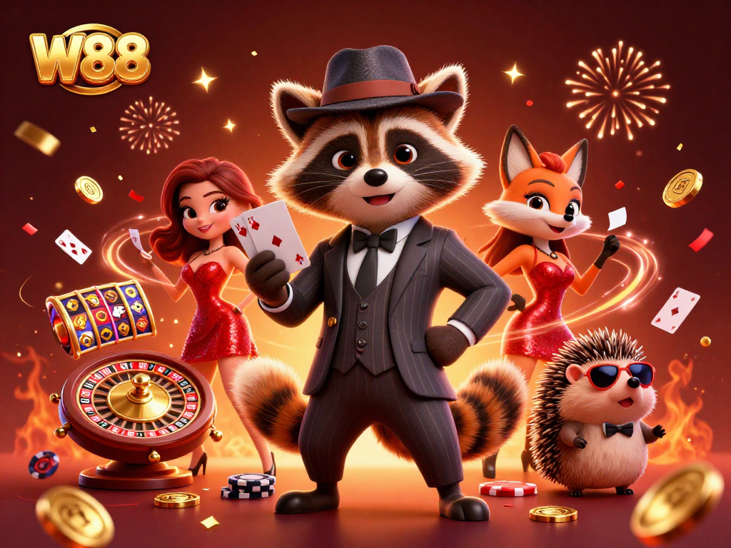 W88 casino illustration featuring a raccoon holding a royal flush, with vibrant gaming elements surrounding them.