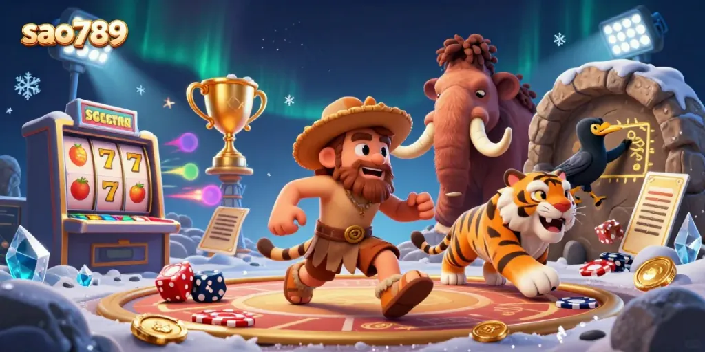Sao789 showcases a vibrant prehistoric casino scene with animated characters and dynamic gambling elements.
