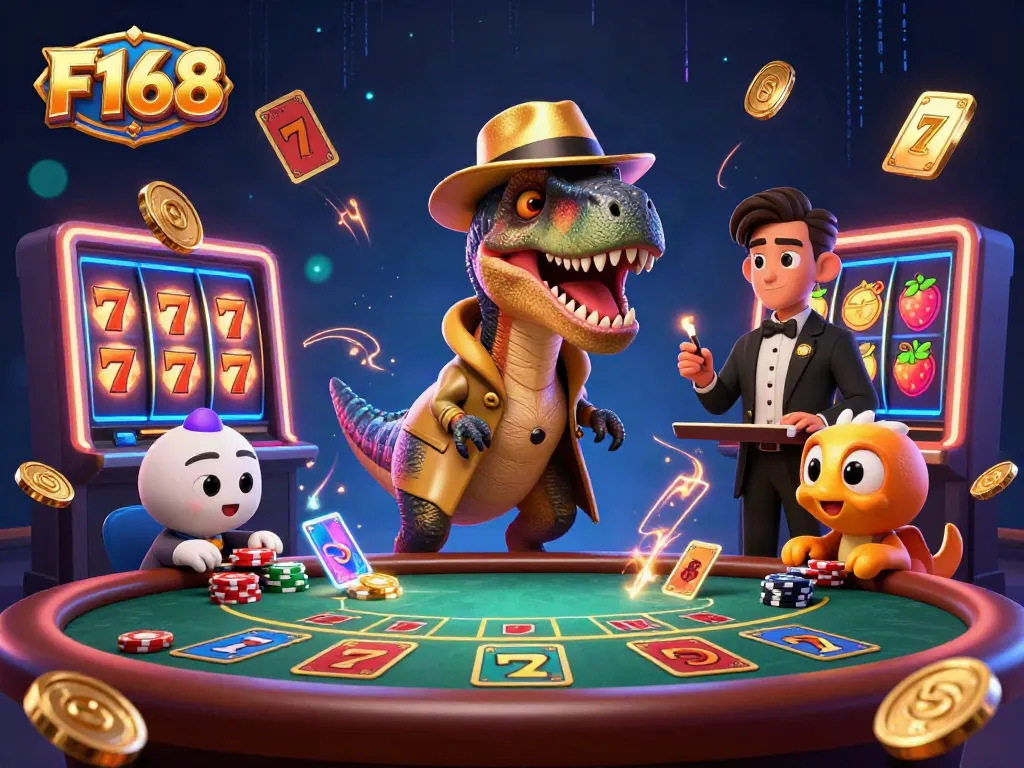 Engage with F168 through a vibrant 3D casino scene filled with slot reels and animated characters.