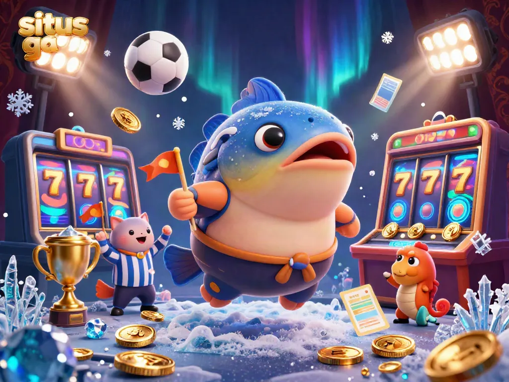 Situs gacor vibrant scene showcasing a giant fugu in a sumo belt at an underwater casino, surrounded by gambling elements.