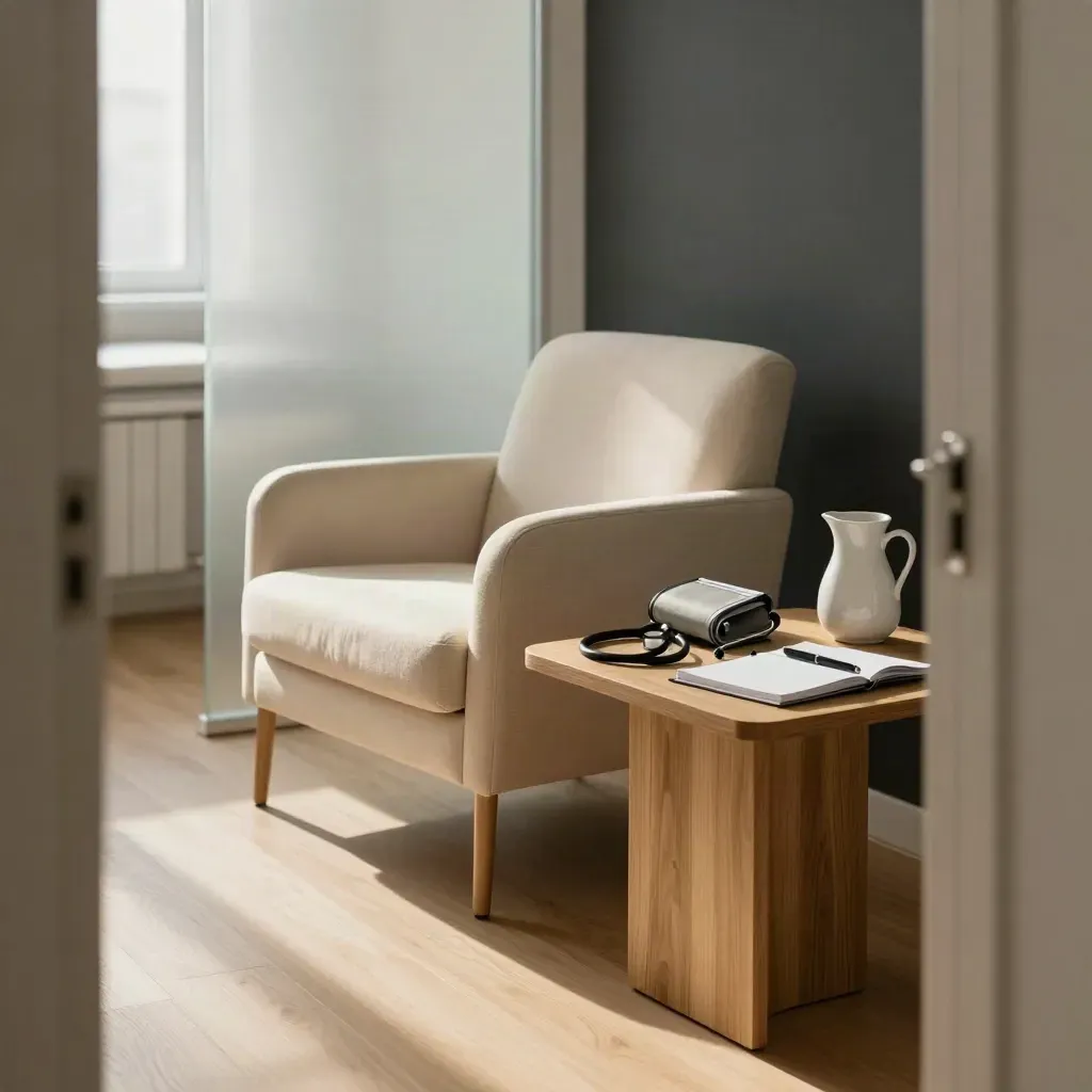Consultation room with armchair, stethoscope, cuff, jug, and notebook in soft daylight.