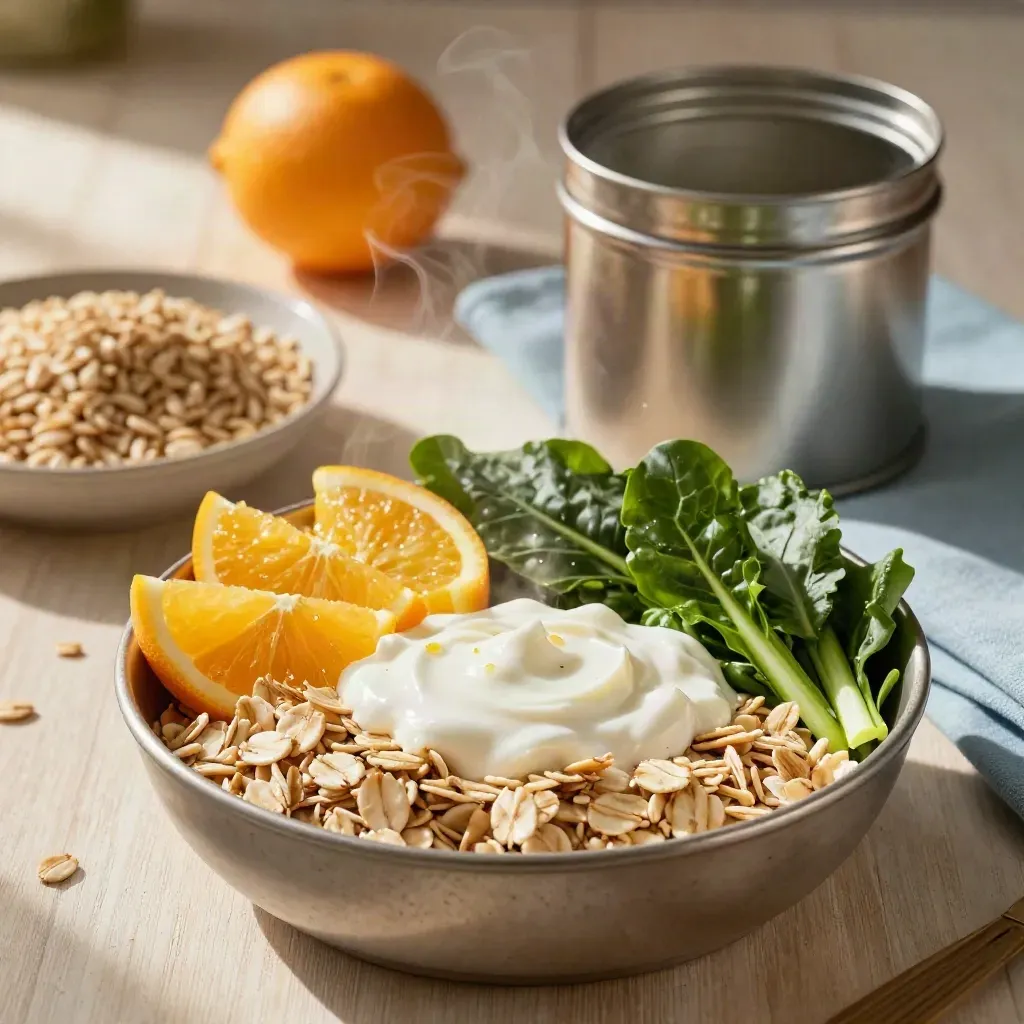 Extreme macro of oats, yogurt, greens, citrus and a metal lunch tin on pale wood.
