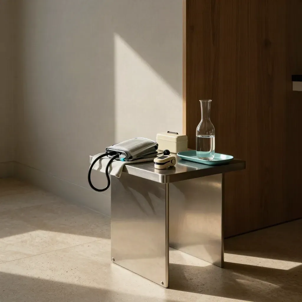 Preventive-care clinic interior with screening tools, glass carafe, and sunlight after rain.