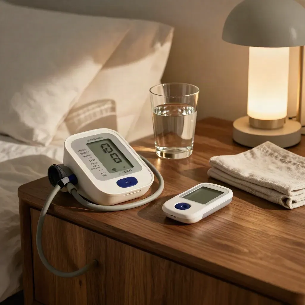 Bedside monitoring station with cuff, glucose meter, pill organizer, and water glass in moody light.