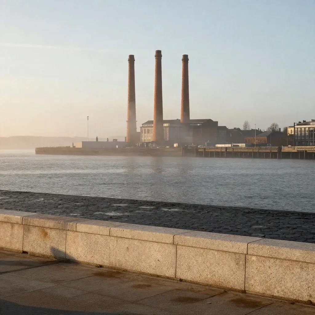Poolbeg chimneys above calm Dublin Bay in dawn mist