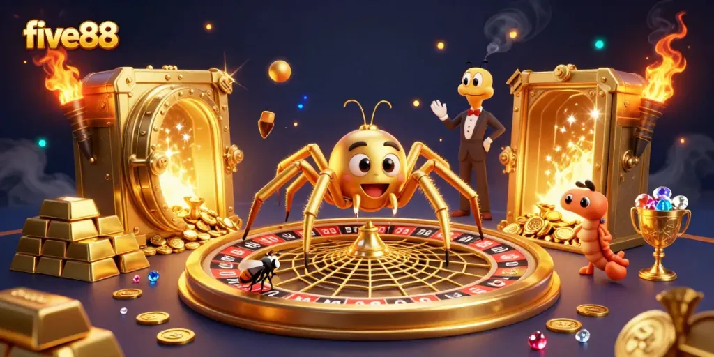 Experience thrilling bets at five88 with a golden spider roulette scene filled with treasures.