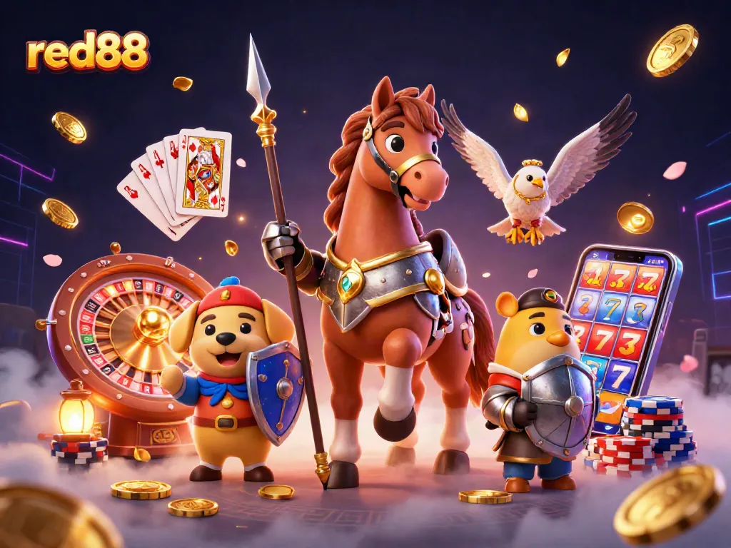 Experience the excitement of red88 with a knight, puppy, and falcon in a vibrant casino scene.