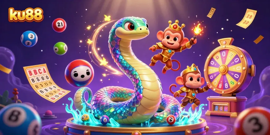 ku88 players swing into action with vibrant lottery and casino elements in a magical atmosphere