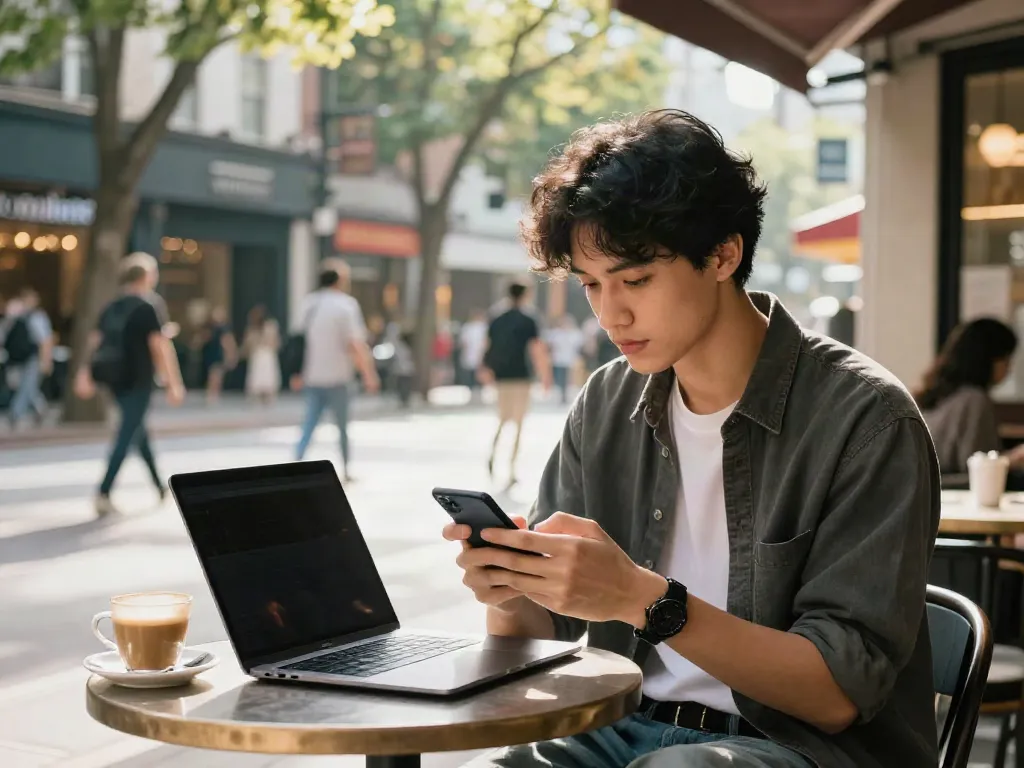 Youthful individual exploring rokok88 link alternatif on smartphone at a trendy café.