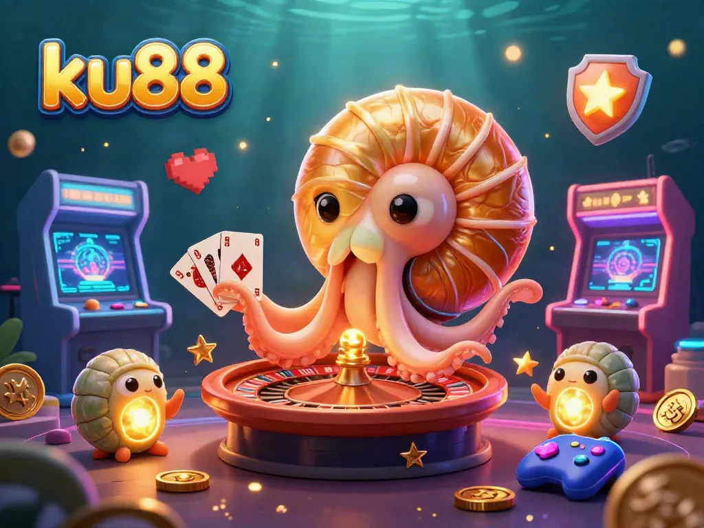Engage in thrilling gameplay at ku88 with a vibrant 3D casino illustration featuring a giant nautilus and arcade elements.