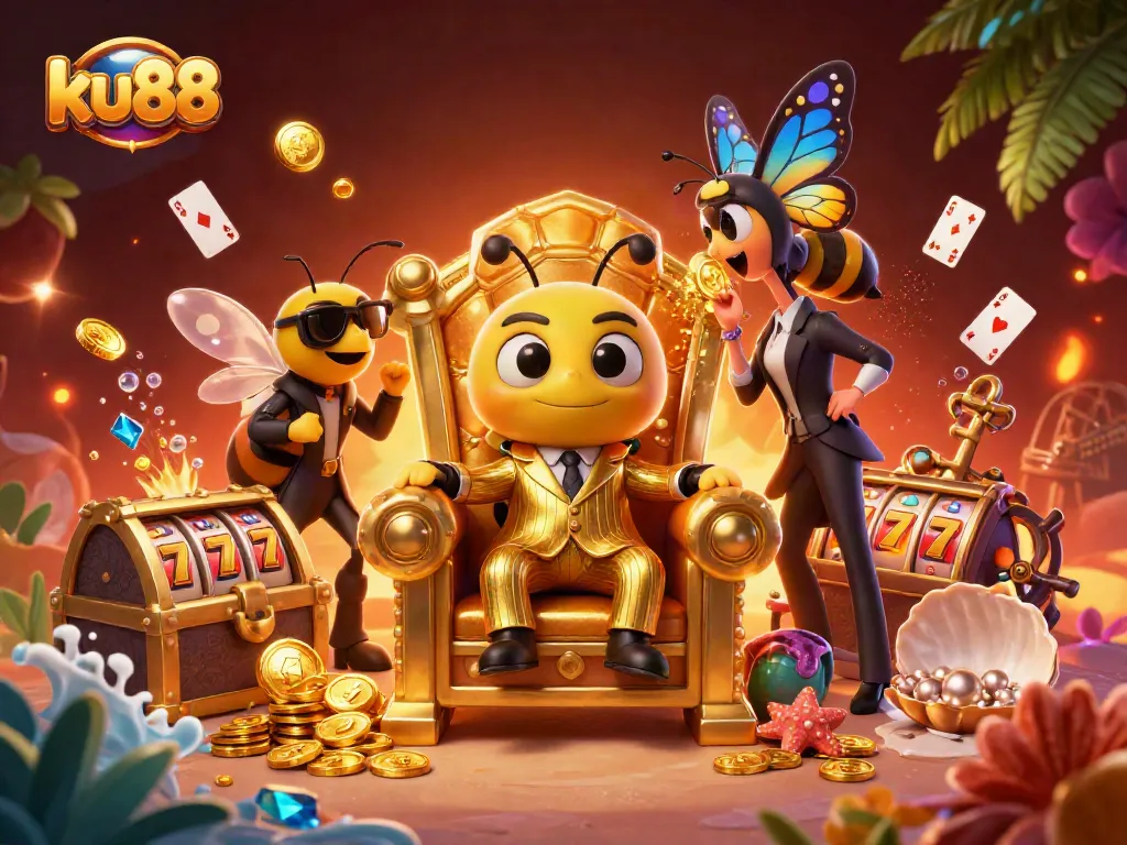 ku88 entertains players with a vibrant casino scene featuring colorful slot reels and dynamic characters.
