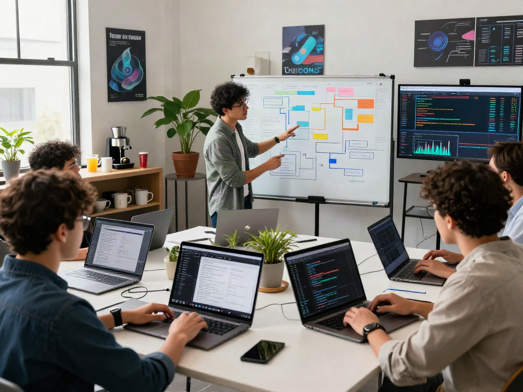Team collaborating on crushonai software project in modern workspace