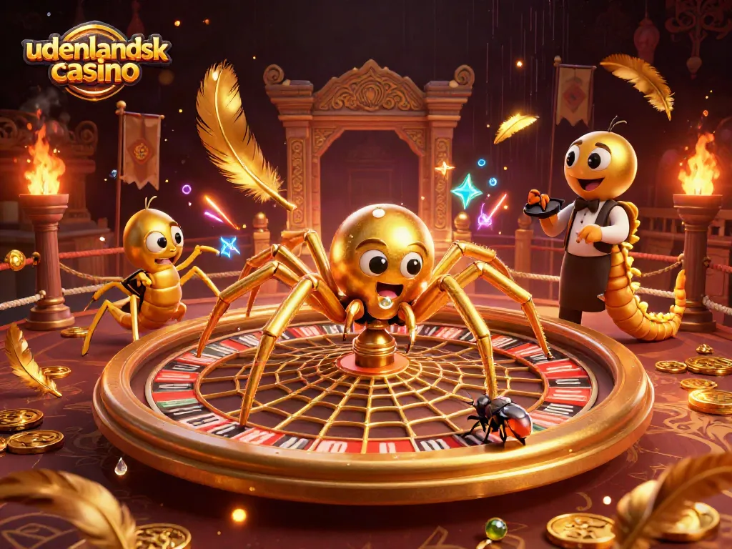 Spin the roulette at udenlandsk casino with a golden spider and a centipede croupier in this vibrant scene.