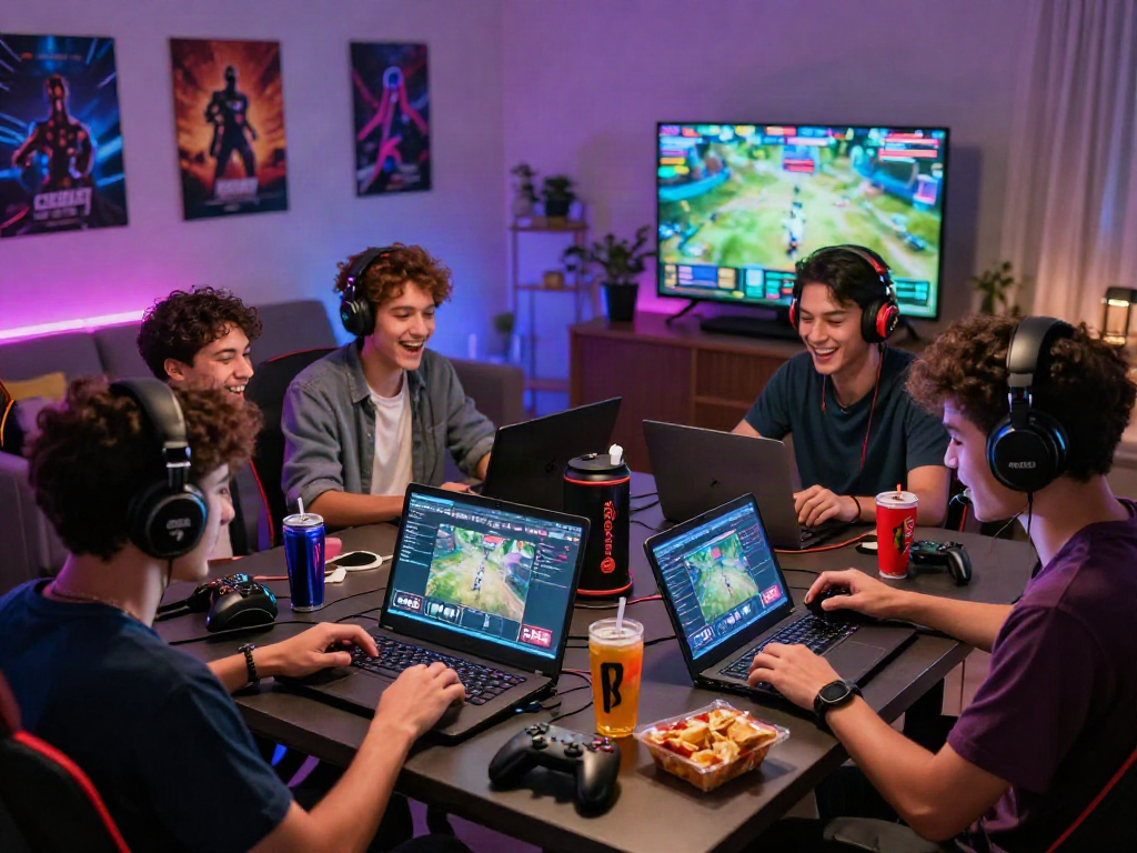Friends enjoying a gaming night with rokok88 daftar interface visible, dynamic interaction, and vibrant accessories.