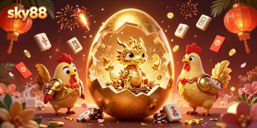 Experience thrilling wins at Sky88, featuring a golden dragon guardian amidst vibrant casino elements.