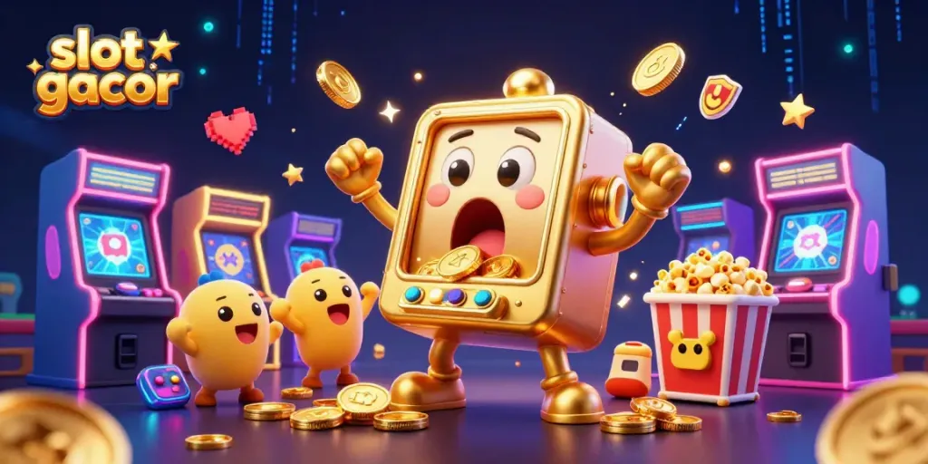 Experience excitement with slot gacor as golden coins spill from a joyful golden slot machine.