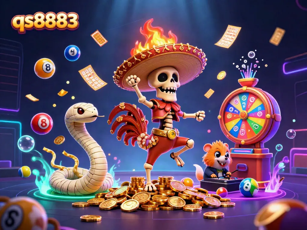 Join the excitement at qs8883 with a mariachi rooster celebrating a jackpot on coins.