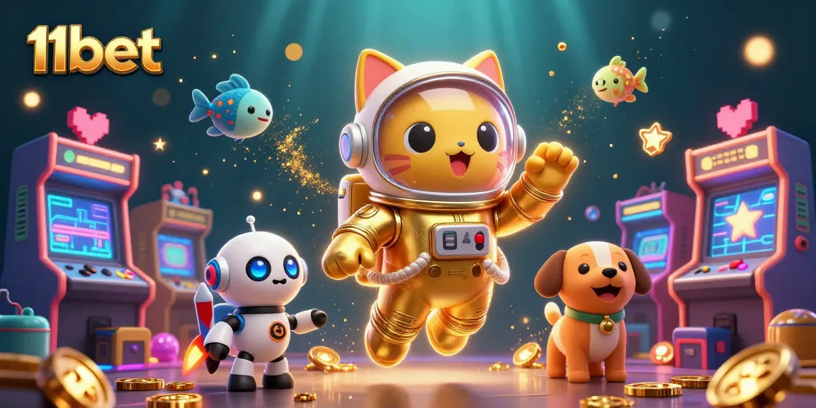 Win exciting games with 11bet featuring a lively 3D illustration of a space-themed casino.