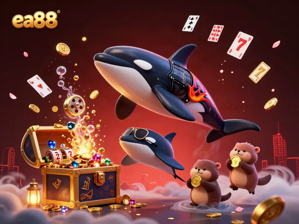 Join the excitement with ea88's thrilling casino games as sea otters celebrate with gold coins.